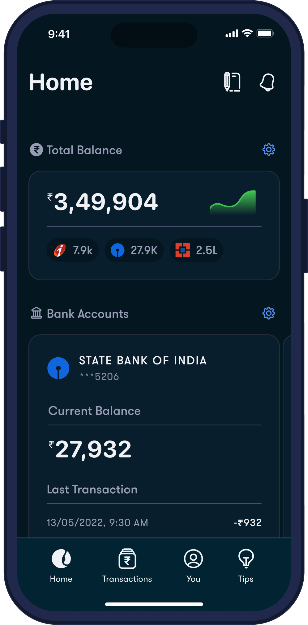 Screenshot of Fold Track ios App, it is wrapped by iPhone 14 frame. in the app it shows home view with navbar with menu items home, transactions, you, and tips. In the home view two widgets are in the view, first widget Total Balance shows total balance in rupees with a mini graph toh show trend of total balance over the time. it also shows the bank accounts which are used to calculate this amount with their individual balances in small pills. Second widget is Bank Accounts widget showing State Bank of india with name and logo with account number, current balance, and last 3 transactions. both widgets have settings button to customize them