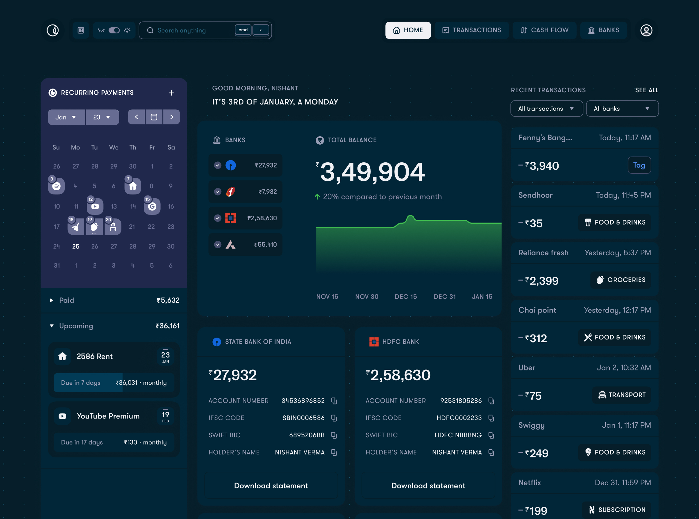 Screenshot of Fold Track web app, it shows dashboard with navbar items like toggle random data, cmd+k search etc, and main section has three columns - left columns has calendar view with upcoming recurring transactions reminders. center columns has cumulative cash widget in first row which shows trend of your savings for last 30 days in a simple chart, and another row has multiple cards each with different bank account details with copy and download account statement buttons. Right card shows list of recent transactions with merchant name, amount. timestamp and category for this is hidden by ios app screenshot overlay