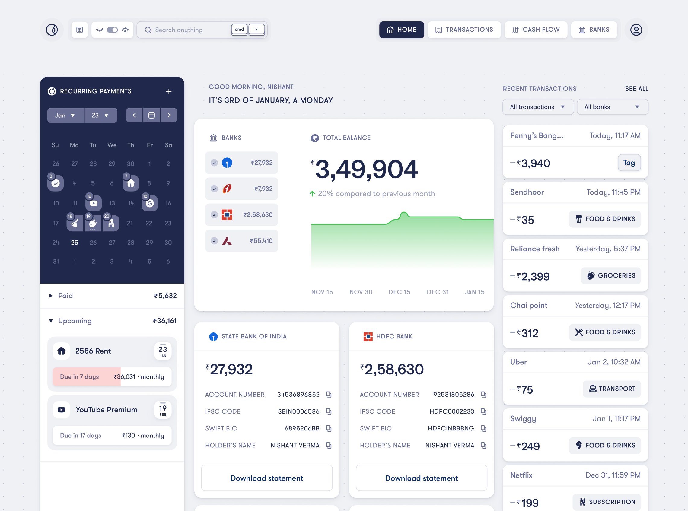 Screenshot of Fold Track web app, it shows dashboard with navbar items like toggle random data, cmd+k search etc, and main section has three columns - left columns has calendar view with upcoming recurring transactions reminders. center columns has cumulative cash widget in first row which shows trend of your savings for last 30 days in a simple chart, and another row has multiple cards each with different bank account details with copy and download account statement buttons. Right card shows list of recent transactions with merchant name, amount. timestamp and category for this is hidden by ios app screenshot overlay