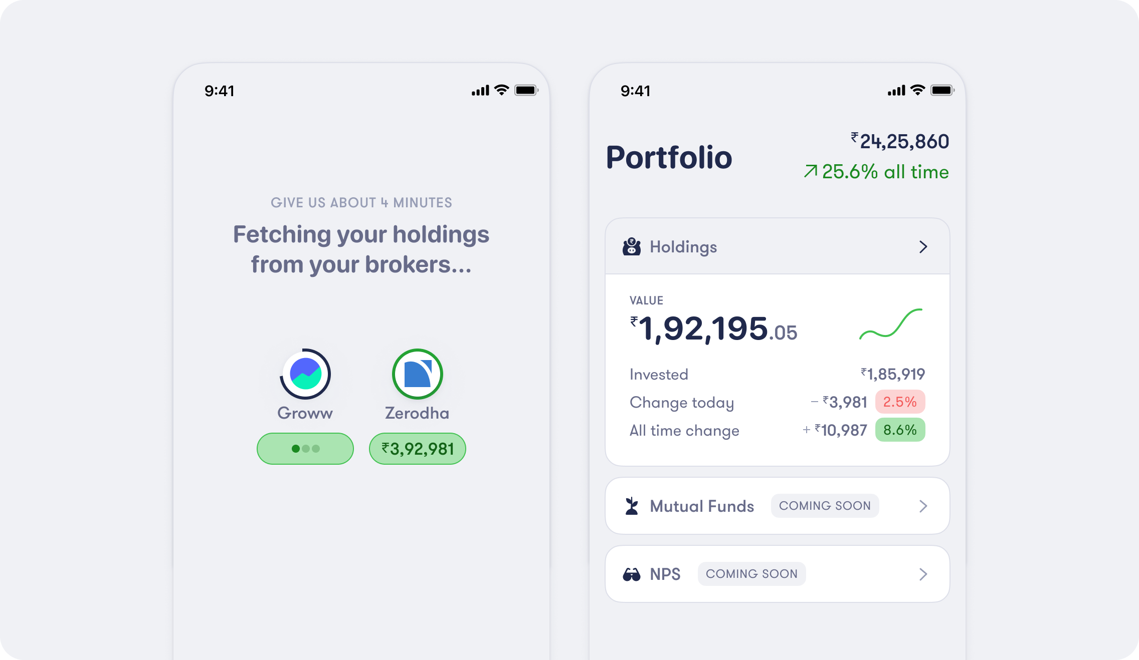 Illustration showing Fold app fetching stocks data from Groww and Kite, and total portfolio value side by side