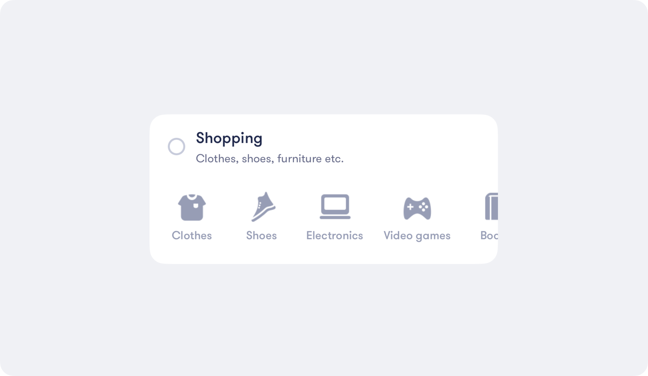 Illustration showing Shopping tag item from Fold app. it shows different icons like clothes, shoes, electronics video games etc which can be associated with Shopping tag